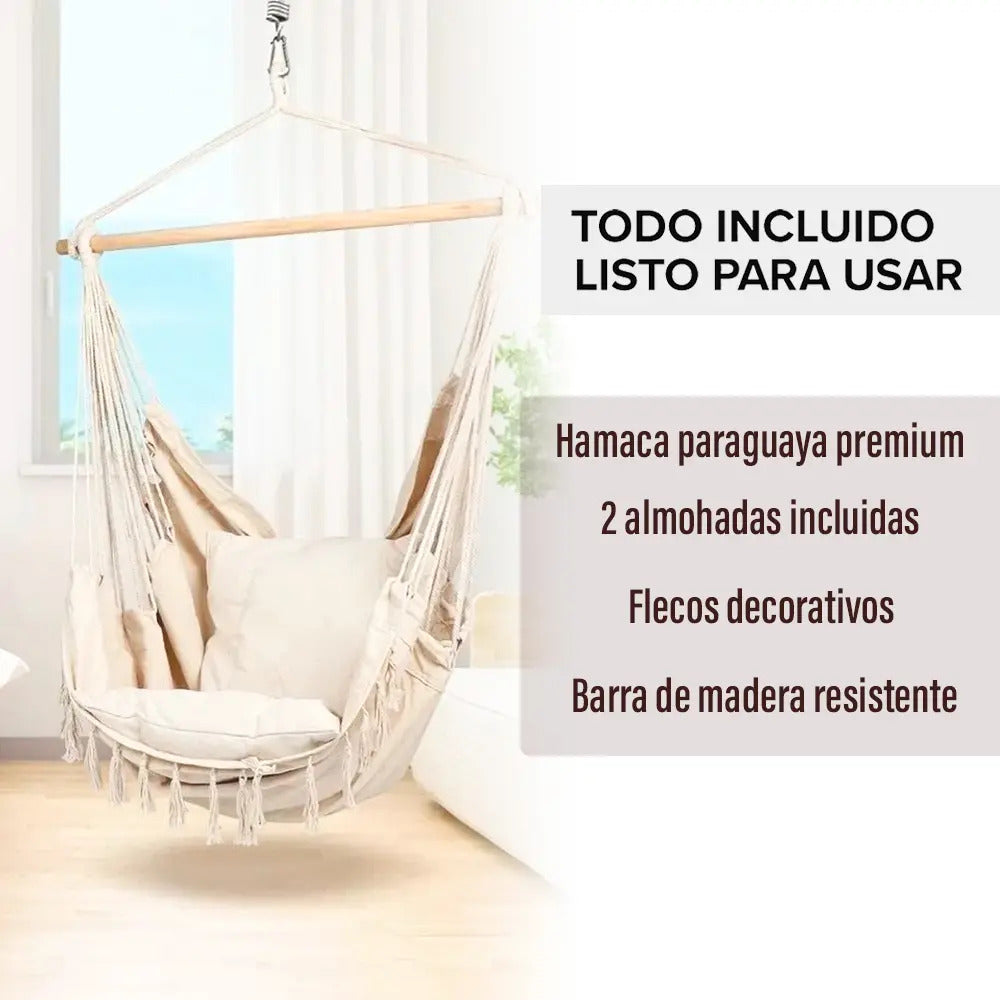 Silla hamaca paraguaya con amohadones fleco calidad premium