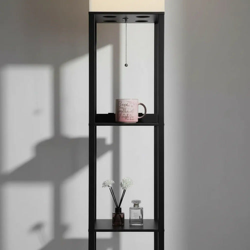 Lampara De Pie Amsterdam Estantes Hierro Living Dormitorio Negro