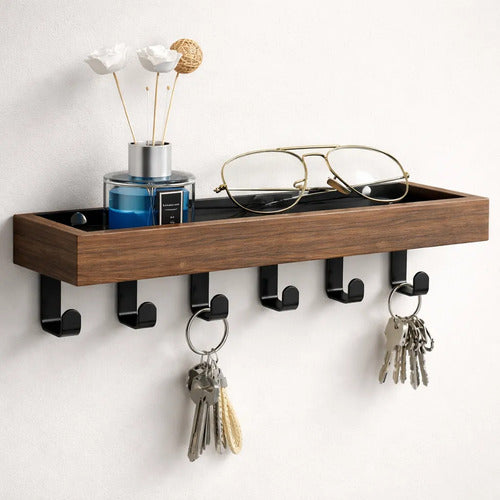 Porta Llaves De Pared De Madera Con Ganchos Metálicos Marrón Oscuro