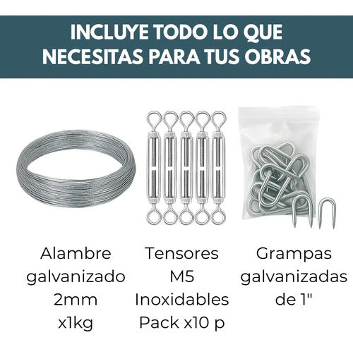 Pack Tensores M5 Inox + Alambre Galvanizado 2mm 1kg + Grampa