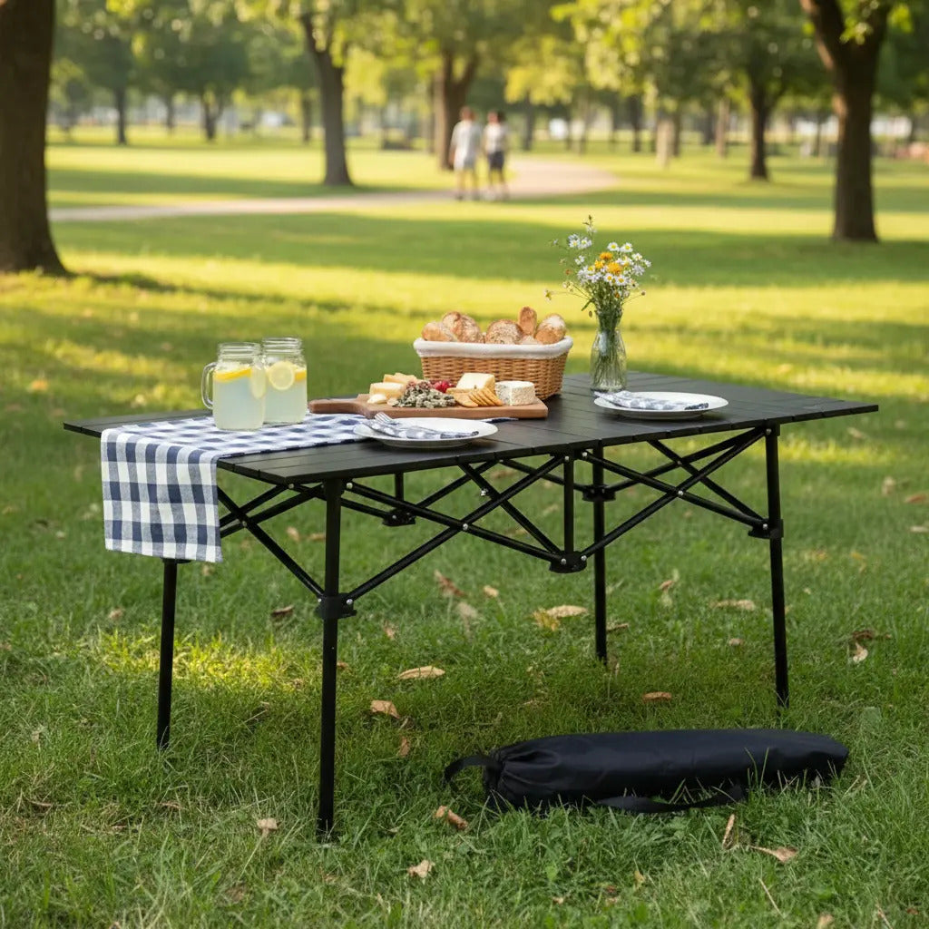 Mesa plegable exterior jardín camping símil madera aluminio negro