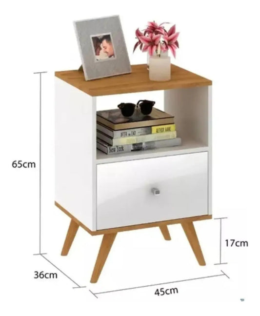 Mesa de luz linea nordica living dormitorio 1 cajon brillante blanco