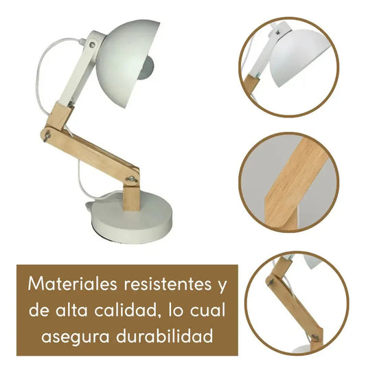 Lampara portátil de escritorio madera y metal regulable marrón claro blanco