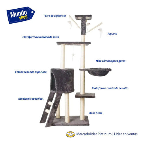 Rascador torre 5 niveles en felpa y sisal para gato juego gris