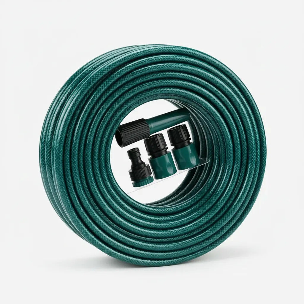 Manguera de jardin para riego 25 metros con acoples y soporte verde