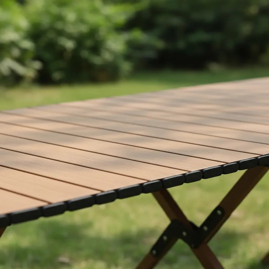 Mesa portátil plegable exterior camping acero símil madera marrón