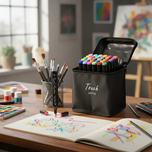 Marcadores Doble Punta Brush Y Fina X30 Colores Con Estuche Color Negro