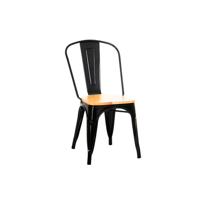 Silla Tolix reforzada negra con asiento de madera, vista de tres cuartos