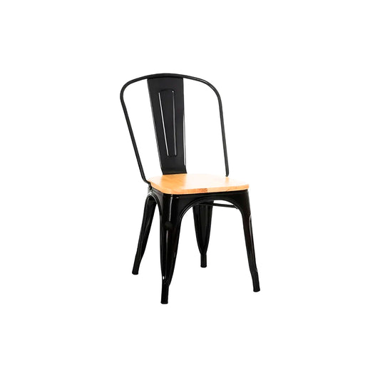 Silla Tolix reforzada negra con asiento de madera, vista de tres cuartos