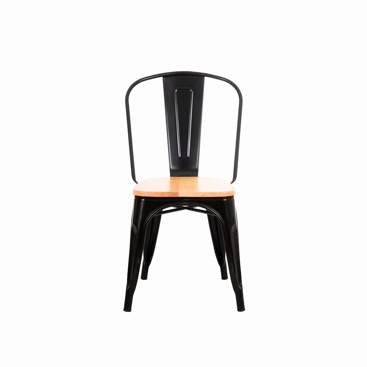 Silla Tolix reforzada negra con asiento de madera, vista de frente