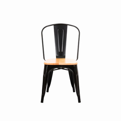 Silla Tolix reforzada negra con asiento de madera, vista de frente