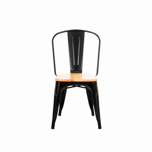 Silla Tolix reforzada negra con asiento de madera, vista de frente