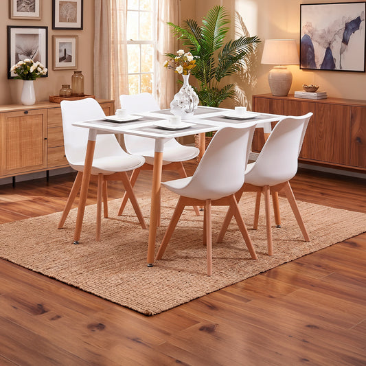 Juego de comedor mesa rectangular blanca con cuatro sillas Eames blancas