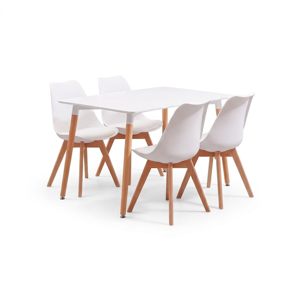 Juego de comedor mesa rectangular blanca con cuatro sillas Eames blancas