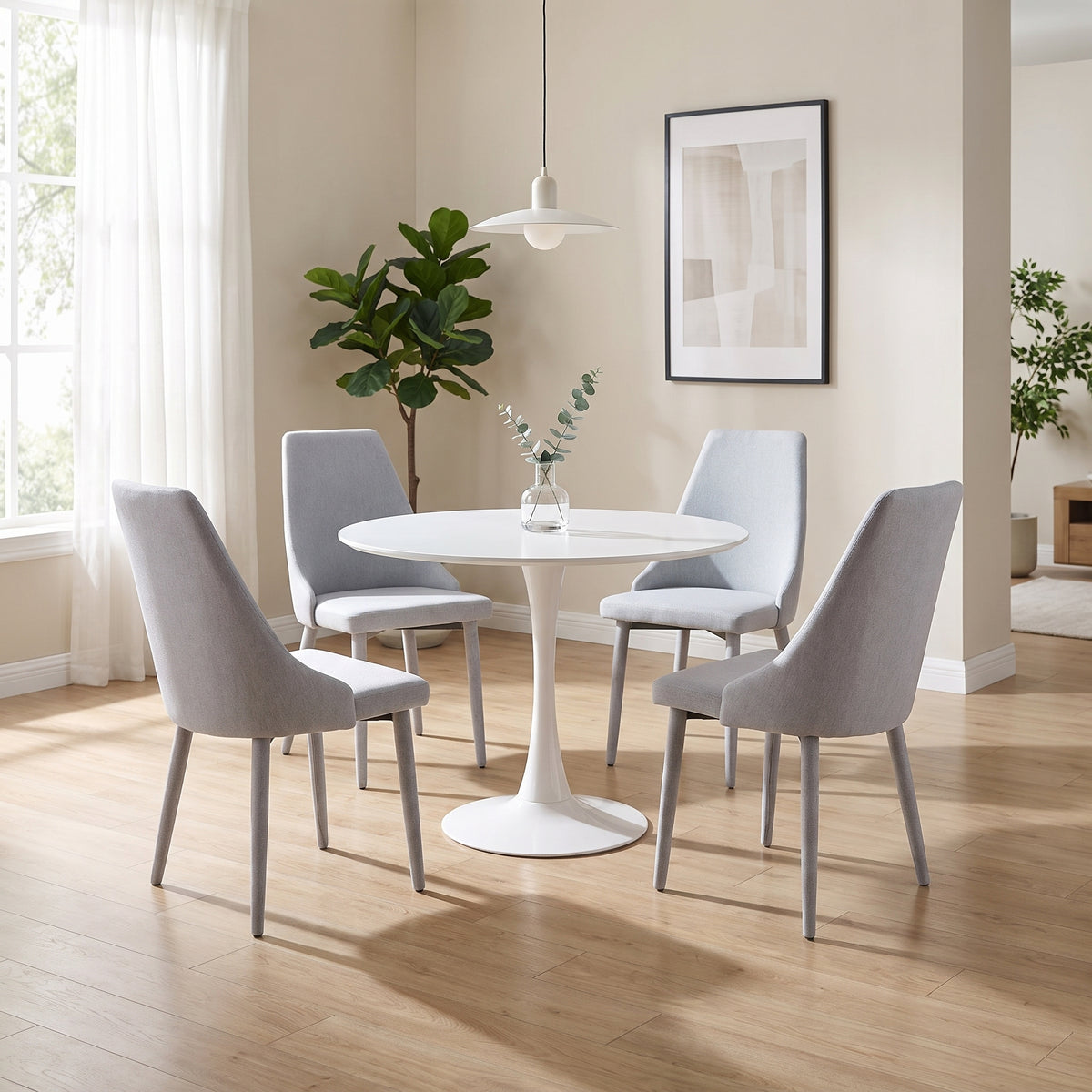 Juego de comedor mesa redonda blanca con cuatro sillas grises