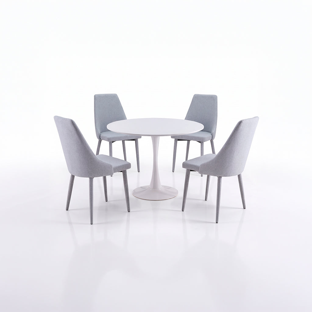 Juego de comedor mesa redonda blanca con cuatro sillas grises