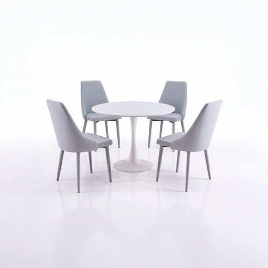 Juego de comedor mesa redonda blanca con cuatro sillas grises