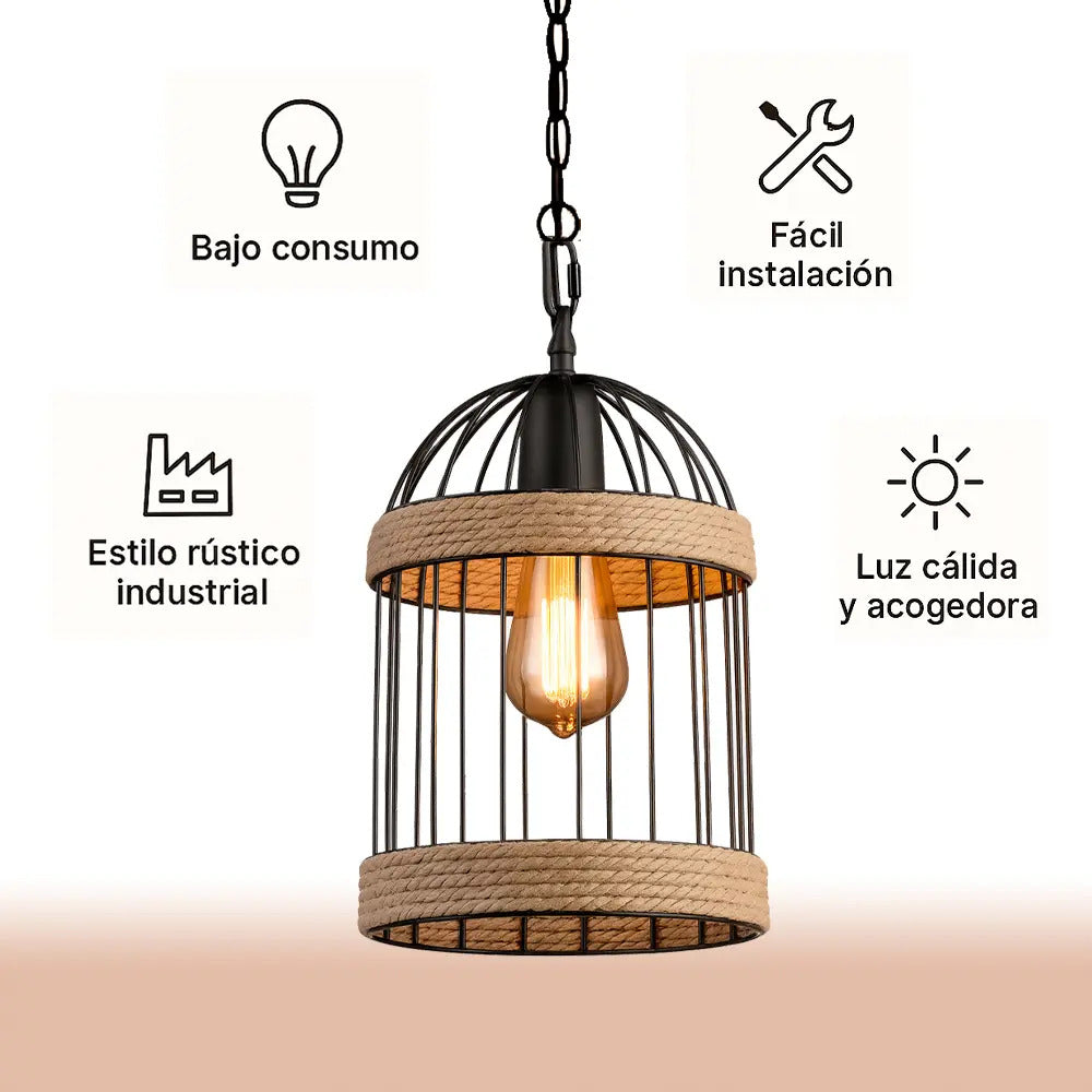 Lampara de techo colgante cuerda tipo jaula marrón
