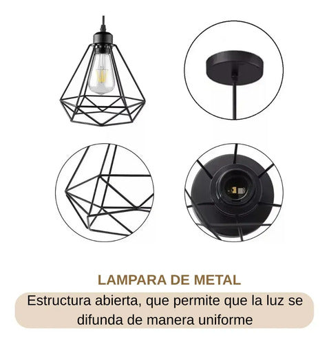 Lampara Colgante Jaula Diamante Pack X3 + Bombita Estructura Negro