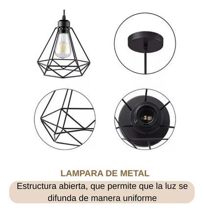 Lampara Colgante Jaula Diamante Pack X3 + Bombita Estructura Negro