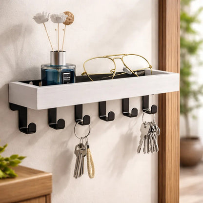 Porta Llaves De Pared De Madera Con Ganchos Metálicos Blanco