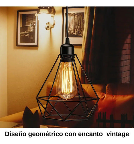 Lampara Colgante Jaula Diamante Pack X3 + Bombita Estructura Negro