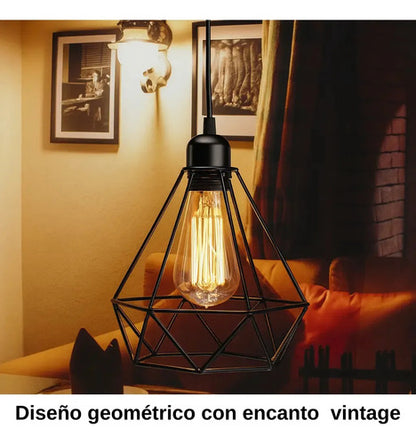 Lampara Colgante Jaula Diamante Pack X3 + Bombita Estructura Negro