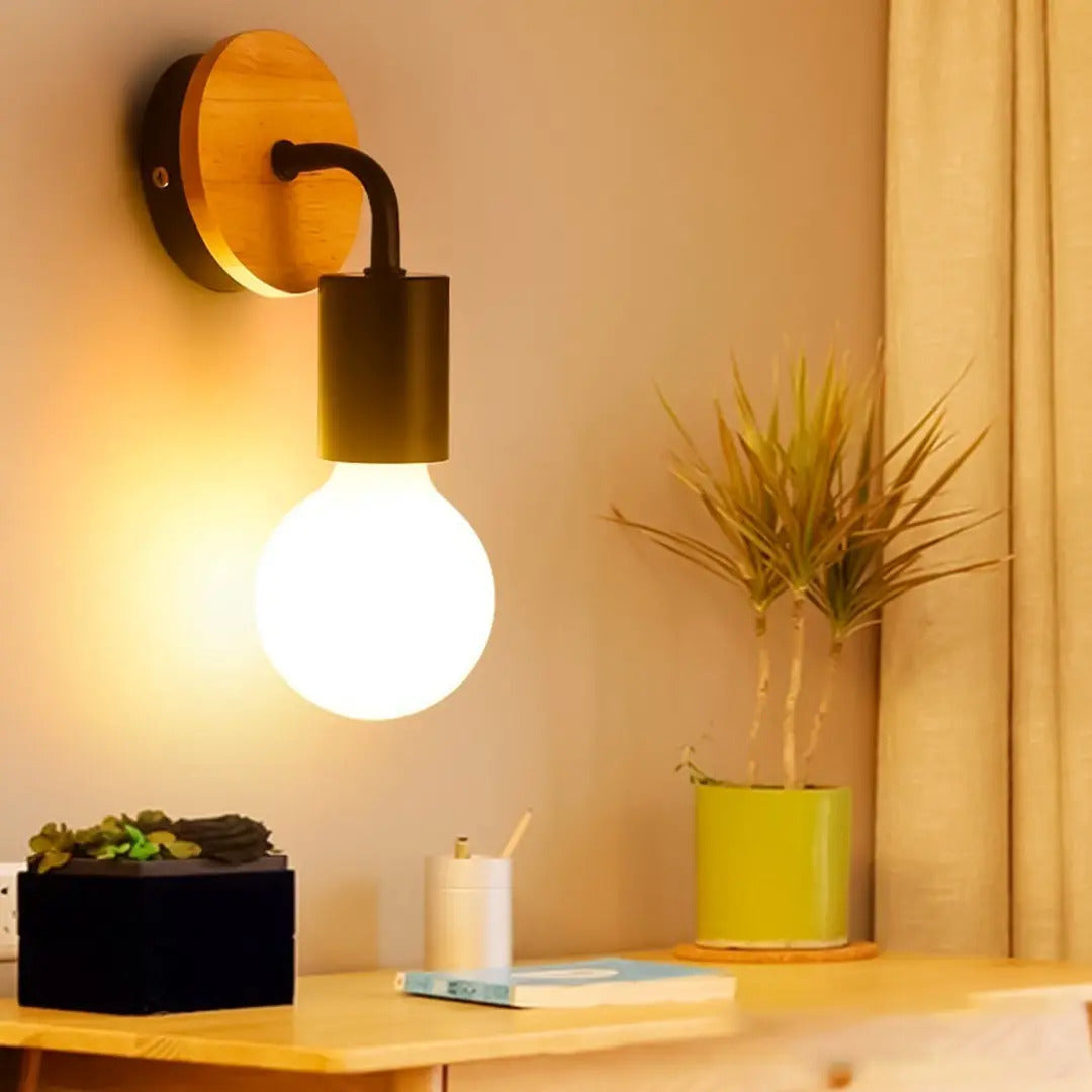 Pack aplique portalamparas metal madera vintage + lampara