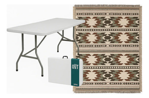 Mesa Plegable Portable Plástica 180cm + Manta De Picnic Blanco