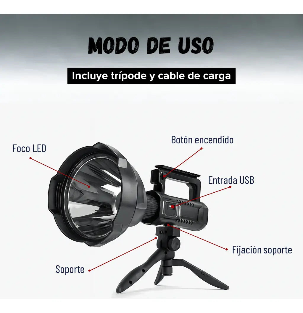 Linterna foco largo alcance Outter recargable USB + trípode