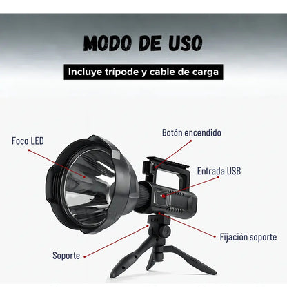Linterna foco largo alcance Outter recargable USB + trípode
