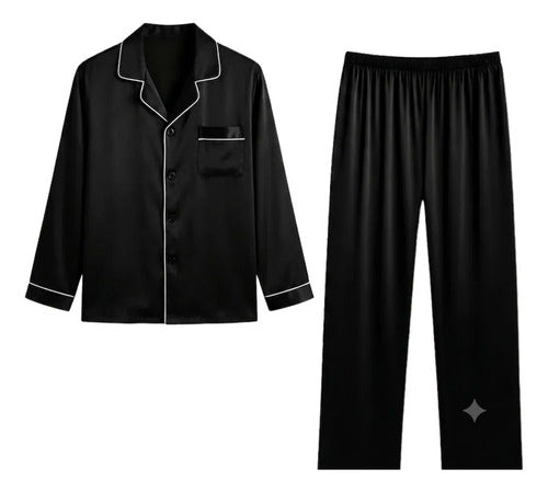 Pijama De Satén Manga Larga Pantalón Y Camisa Conjunto Negro Liso Xxl