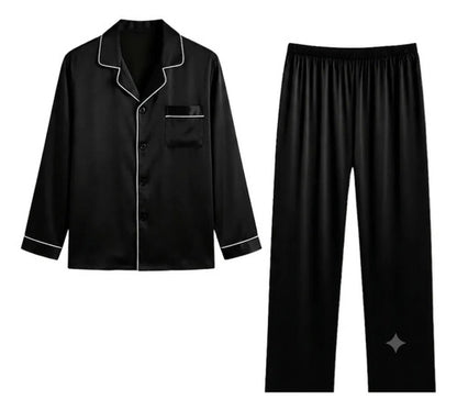 Pijama De Satén Manga Larga Pantalón Y Camisa Conjunto Negro Liso Xxl