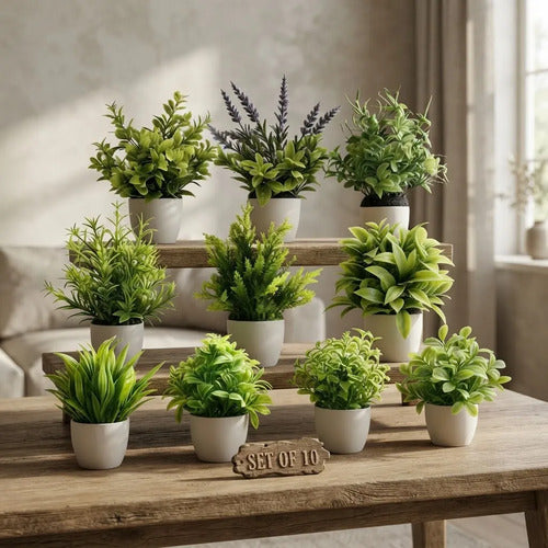Set 10 Plantas Artificiales Decorativas En Maceta Blanca Verde