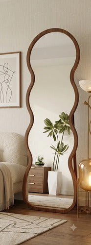 Espejo De Pie Curvo 160cm Símil Madera Dormitorio Living Marrón Oscuro