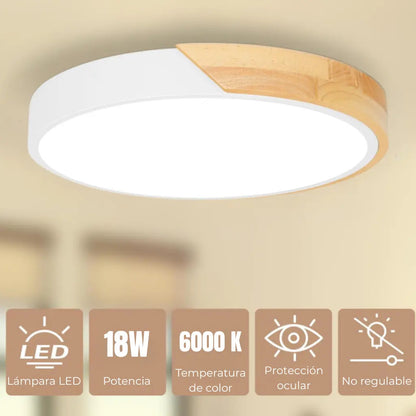 Luminaria luz fria plafon LED diám 30cm metal y madera