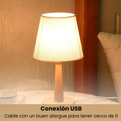 Lampara portatil de mesa velador nordica madera y lino cali marrón claro amarillo