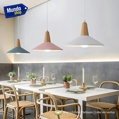 Lampara colgante metal nordica plato deco simil madera LED