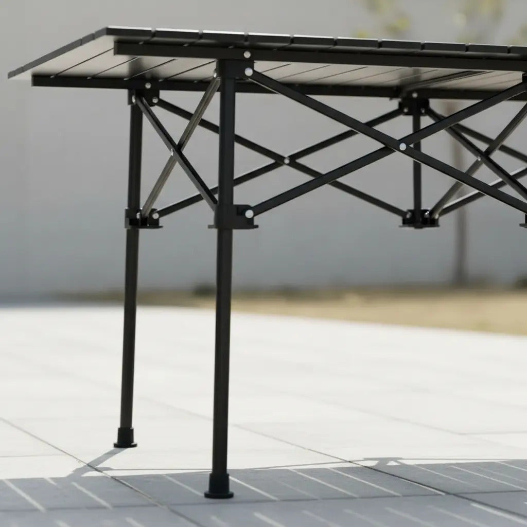 Mesa plegable exterior jardín camping símil madera aluminio negro