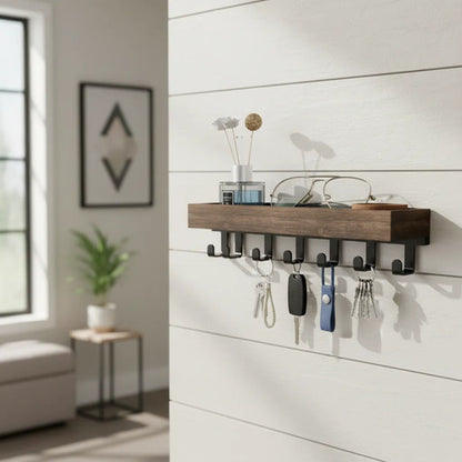Porta Llaves De Pared De Madera Con Ganchos Metálicos Marrón Oscuro