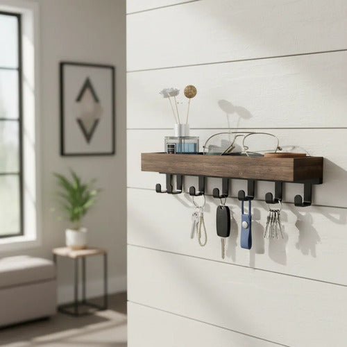 Porta Llaves De Pared De Madera Con Ganchos Metálicos Marrón Oscuro