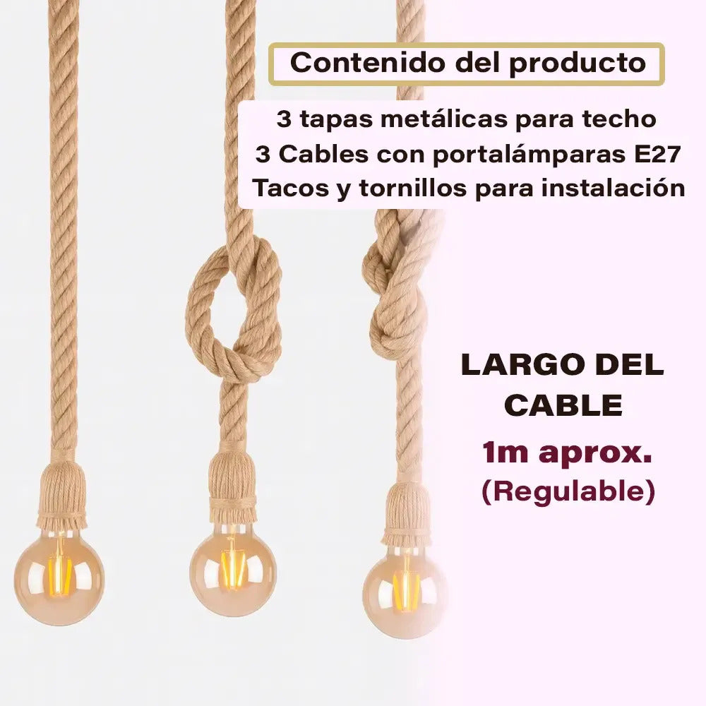 Lampara colgante de techo cuerda rustica industrial marrón