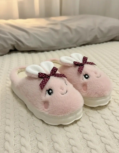 Pantuflas Peluda Diseño Conejito Con Orejas Cálidas Suaves Rosa Liso 37 Uy