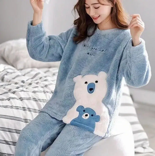 Pijama Conjunto Plush Peludo Suave Diseño Osito Manga Larga Celeste Liso Xxl