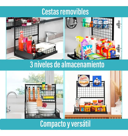 Escurridor organizador de platos cocina bandeja extraible negro