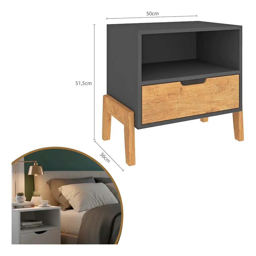 Mesa de luz nordica living dormitorio combinada 1 cajón x2