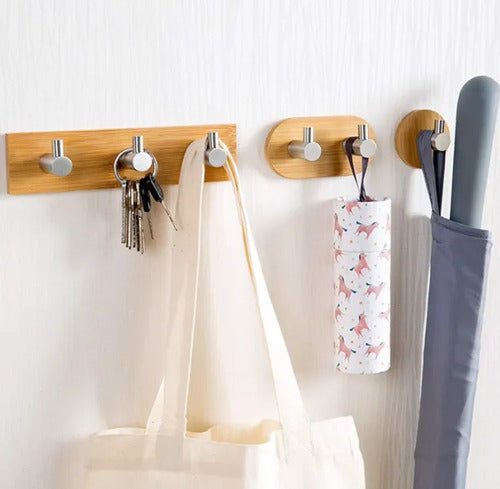 Kit Percheros Bambú 7 Ganchos Con Metal Living Dormitorio Marrón
