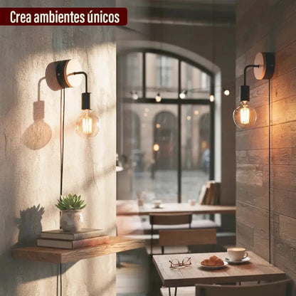 Pack x2 aplique pared nordico metal madera vintage