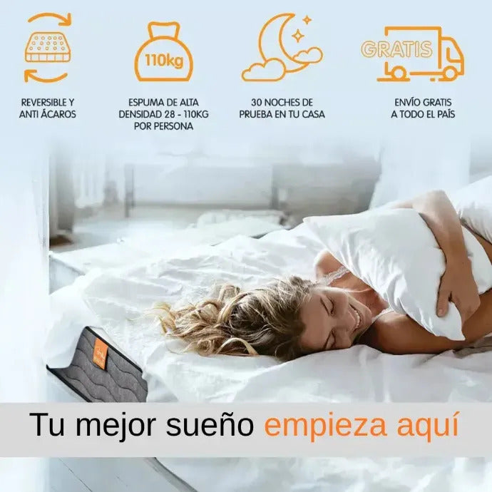 Colchón espuma 2 plazas Emily 17 alta densidad + 2 almohadas