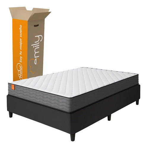 Sommier Box Capitoneado Dos Plazas Colchón De Espuma 17d Negro